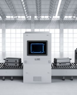 3d rendering scanner machine is scanning luggage in airport